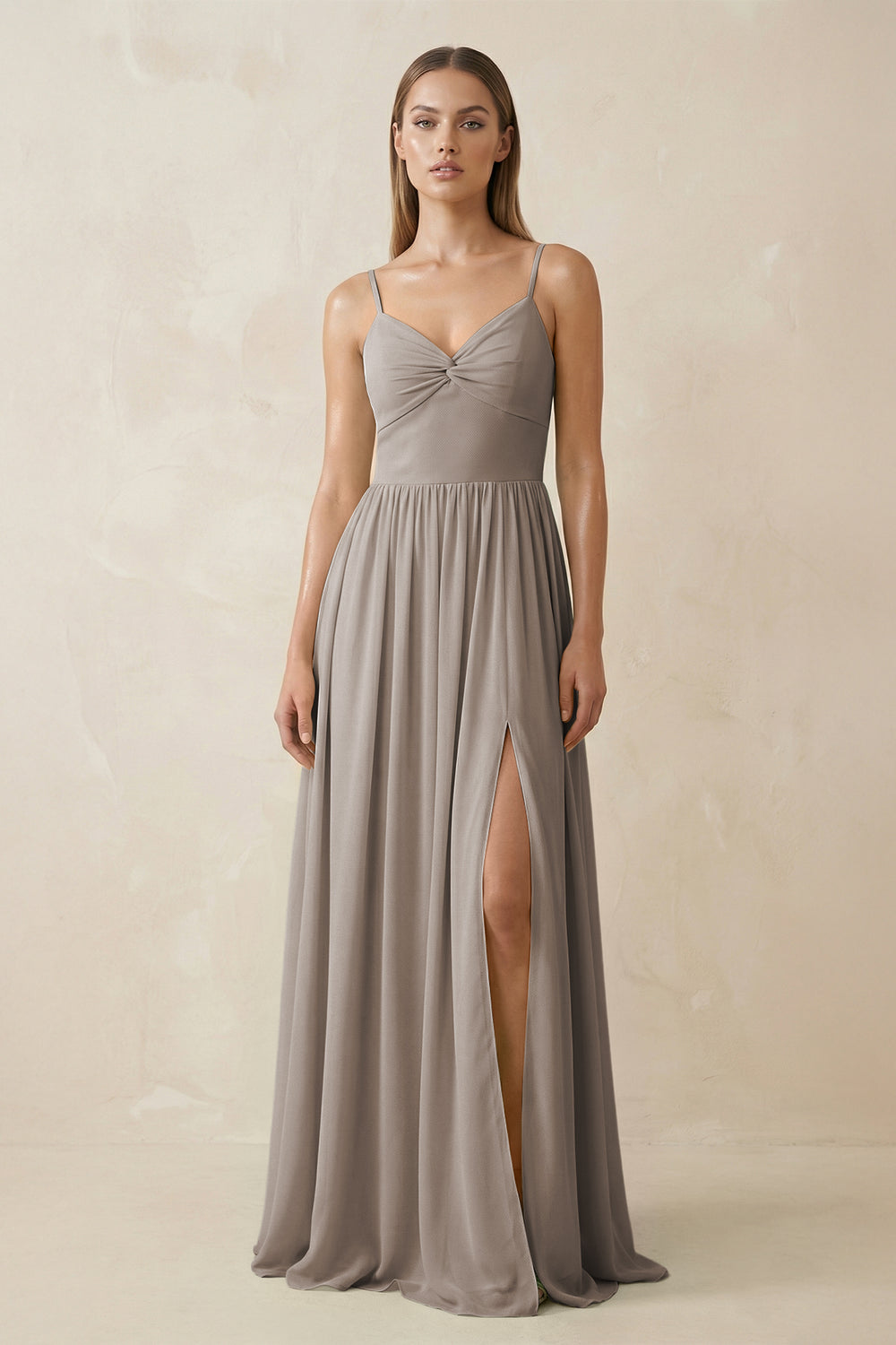 Spaghetti Strap Pleated A-Line Chiffon Bridesmaid Dress in Frost