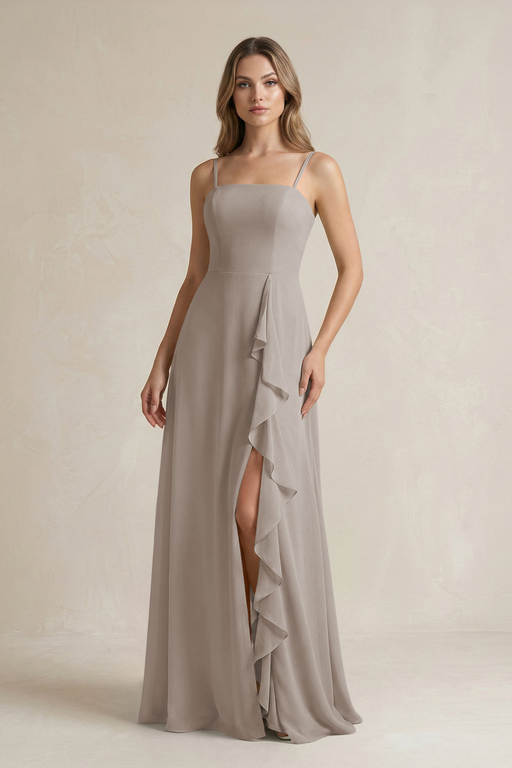 Spaghetti Strap Ruffled A-Line Chiffon Bridesmaid Dress in Frost