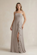 Frost Spaghetti Strap Ruffled A-Line Chiffon Bridesmaid Dress | KISSBRIDAL