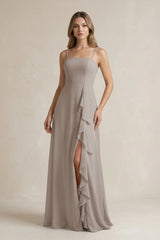 Frost Spaghetti Strap Ruffled A-Line Chiffon Bridesmaid Dress | KISSBRIDAL
