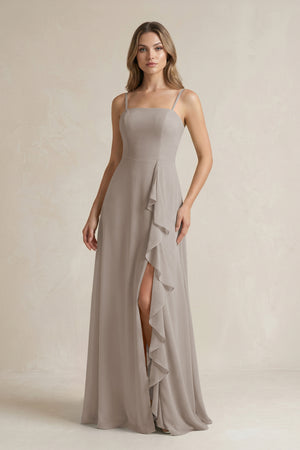 Frost Spaghetti Strap Ruffled A-Line Chiffon Bridesmaid Dress | KISSBRIDAL
