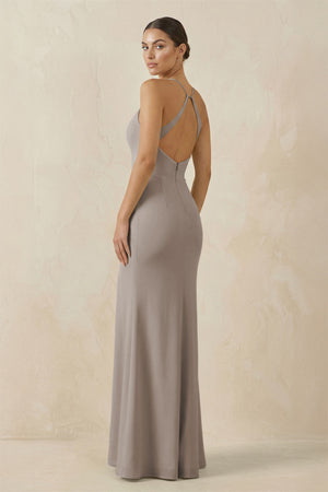 Frost Spaghetti Strap Sheath Chiffon Bridesmaid Dress With Slit (2) | KISSBRIDAL