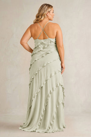 Frost Spaghetti Straps Sheath Stain Ruffled Bridesmaid Dress (2) | KISSBRIDAL[sizeplus]