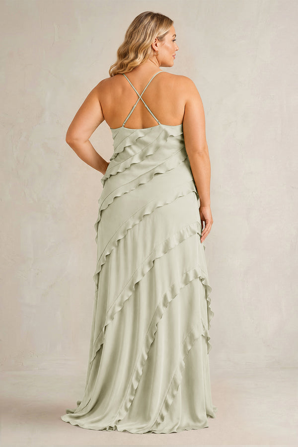 Frost Spaghetti Straps Sheath Stain Ruffled Bridesmaid Dress (2) | KISSBRIDAL[sizeplus]