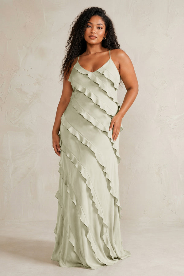 Frost Spaghetti Straps Sheath Stain Ruffled Bridesmaid Dress (3) | KISSBRIDAL[sizeplus]