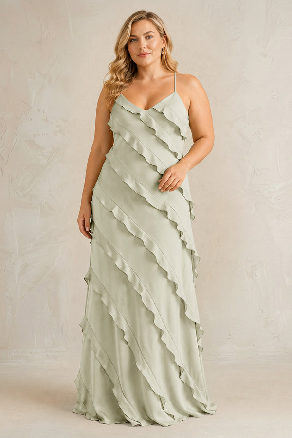 Frost Spaghetti Straps Sheath Stain Ruffled Bridesmaid Dress | KISSBRIDAL[sizeplus]