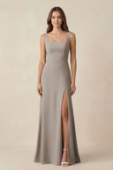 Frost Square Neck A-Line Bridesmaid Dress With Slit | KISSBRIDAL