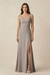 Frost Square Neck A-Line Bridesmaid Dress With Slit | KISSBRIDAL