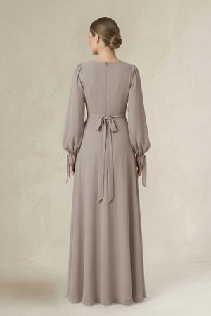 Frost Square Neck Long Sleeve A-Line Chiffon Bridesmaid Dress in Frost (2) | KISSBRIDAL