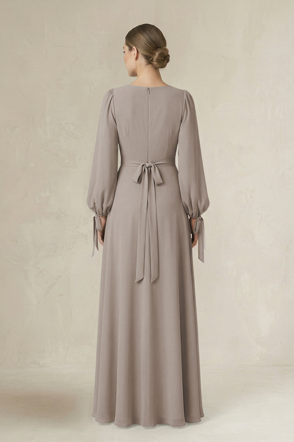Frost Square Neck Long Sleeve A-Line Chiffon Bridesmaid Dress in Frost (2) | KISSBRIDAL