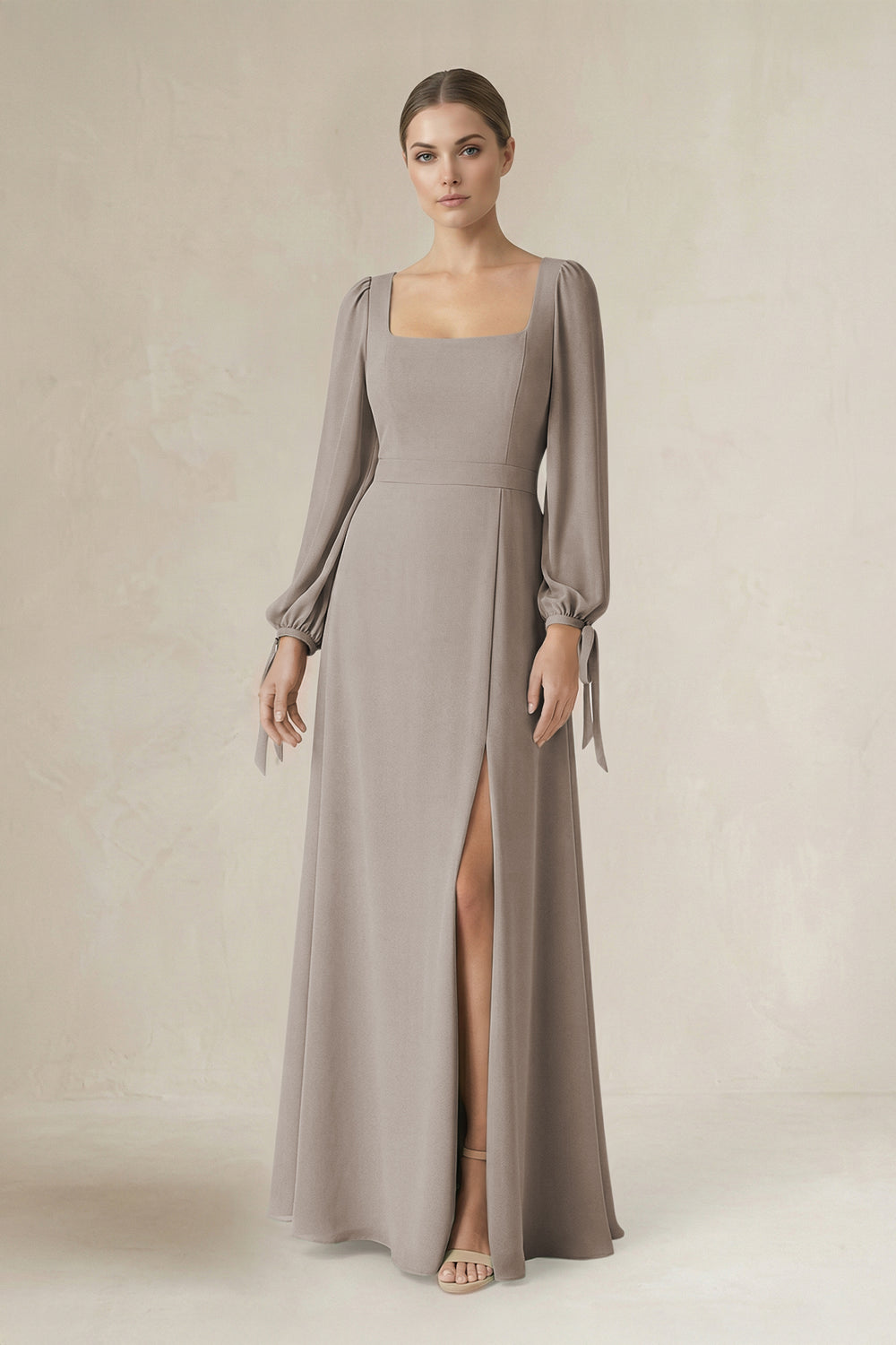 Square Neck Long Sleeve A-Line Chiffon Bridesmaid Dress in Frost