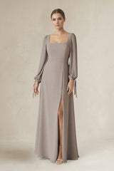 Frost Square Neck Long Sleeve A-Line Chiffon Bridesmaid Dress in Frost | KISSBRIDAL