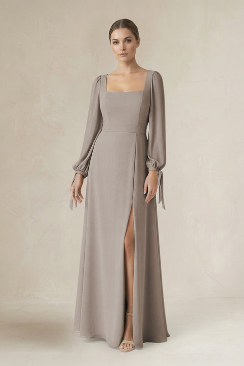 Frost Square Neck Long Sleeve A-Line Chiffon Bridesmaid Dress in Frost | KISSBRIDAL