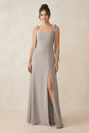 Frost Square Neck Sheath Chiffon Bridesmaid Dress with Bow | KISSBRIDAL