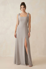 Frost Square Neck Sheath Chiffon Bridesmaid Dress with Bow | KISSBRIDAL