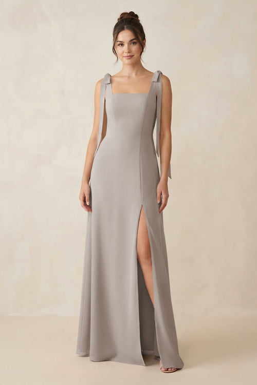 Frost Square Neck Sheath Chiffon Bridesmaid Dress with Bow | KISSBRIDAL