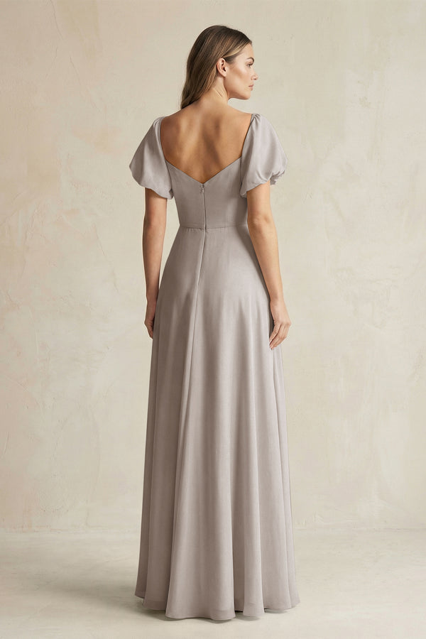 Frost Sweetheart Puff Sleeve A-Line Chiffon Bridesmaid Dress (2) | KISSBRIDAL