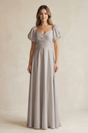 Frost Sweetheart Puff Sleeve A-Line Chiffon Bridesmaid Dress | KISSBRIDAL