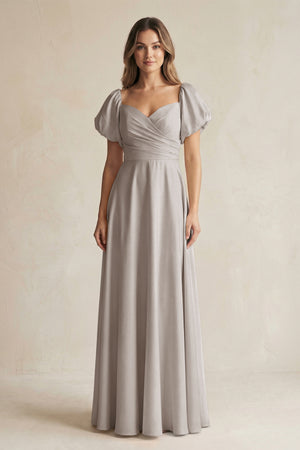 Frost Sweetheart Puff Sleeve A-Line Chiffon Bridesmaid Dress | KISSBRIDAL