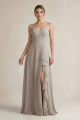 Frost Sweetheart Ruffled A-Line Chiffon Bridesmaid Dress with Slit | KISSBRIDAL
