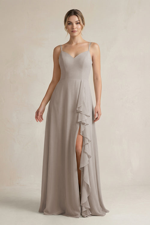 Frost Sweetheart Ruffled A-Line Chiffon Bridesmaid Dress with Slit | KISSBRIDAL