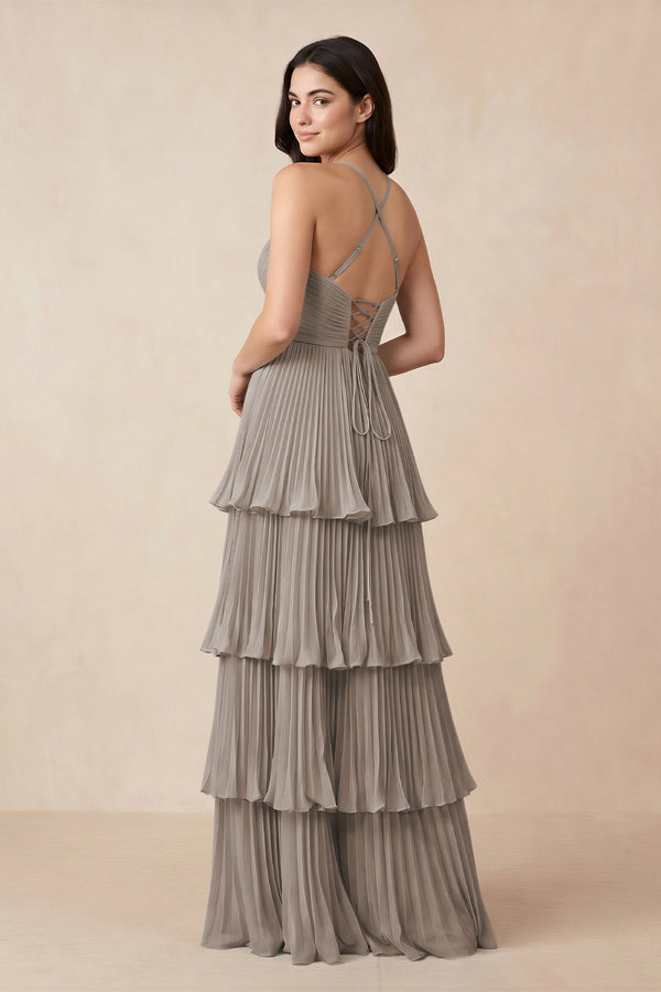 Frost Tiered Pleated V-Neck A-Line Chiffon Bridesmaid Dress (2) | KISSBRIDAL
