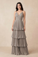 Frost Tiered Pleated V-Neck A-Line Chiffon Bridesmaid Dress | KISSBRIDAL