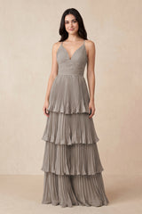 Frost Tiered Pleated V-Neck A-Line Chiffon Bridesmaid Dress | KISSBRIDAL