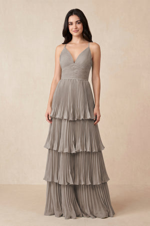 Frost Tiered Pleated V-Neck A-Line Chiffon Bridesmaid Dress | KISSBRIDAL
