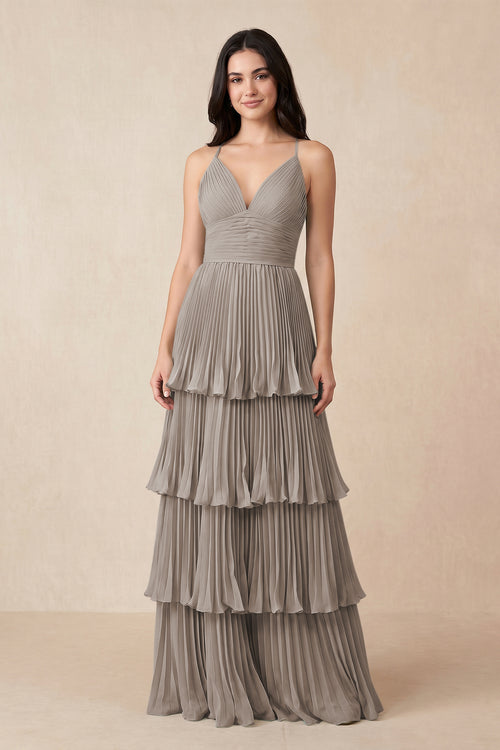 Frost Tiered Pleated V-Neck A-Line Chiffon Bridesmaid Dress | KISSBRIDAL