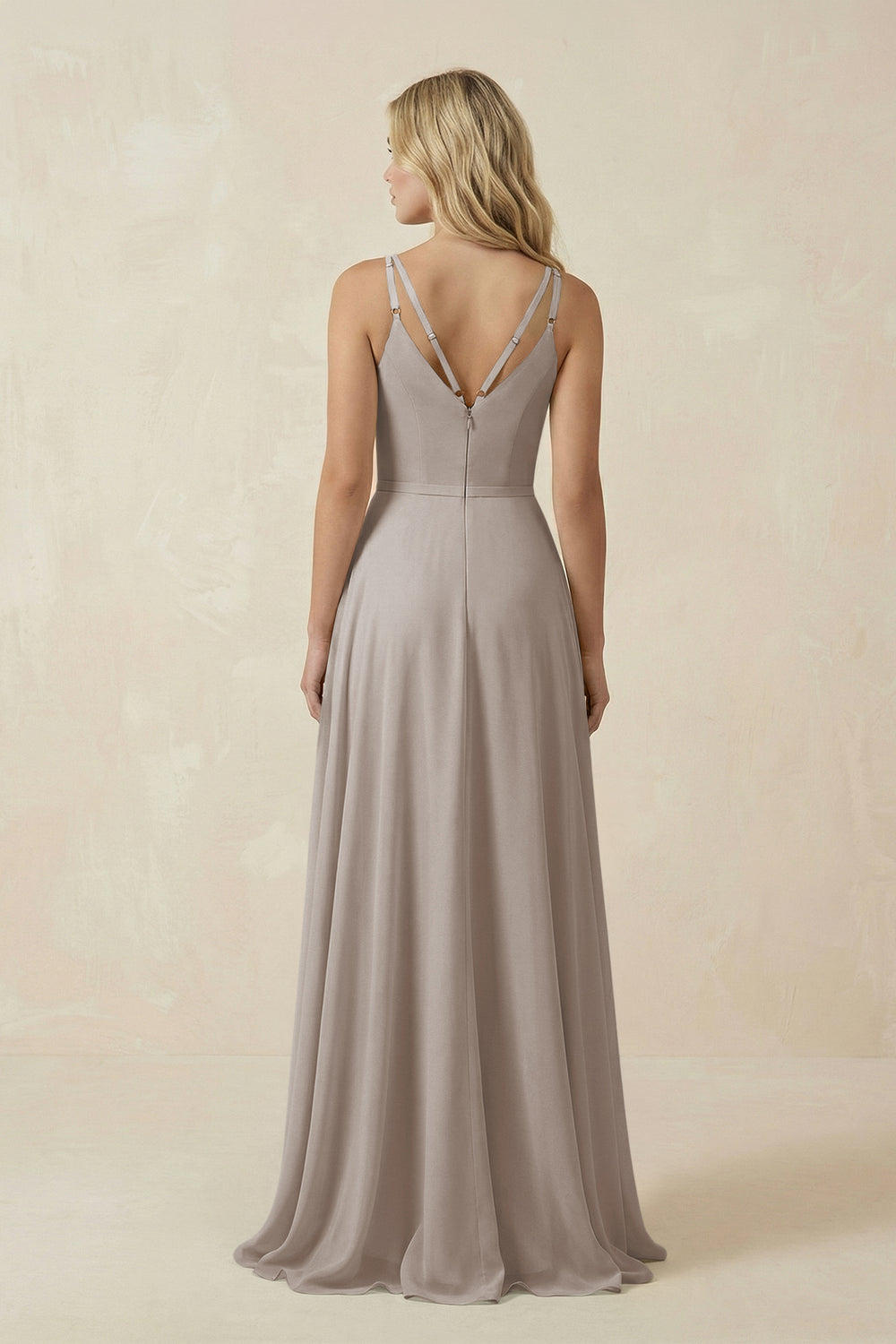 V-Neck A-Line Chiffon Bridesmaid Dress with Crisscross Back in Frost