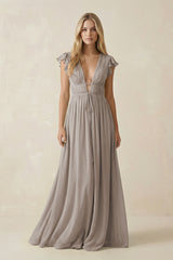 Frost V-Neck A-Line Chiffon Cap Sleeves Bridesmaid Dress | KISSBRIDAL