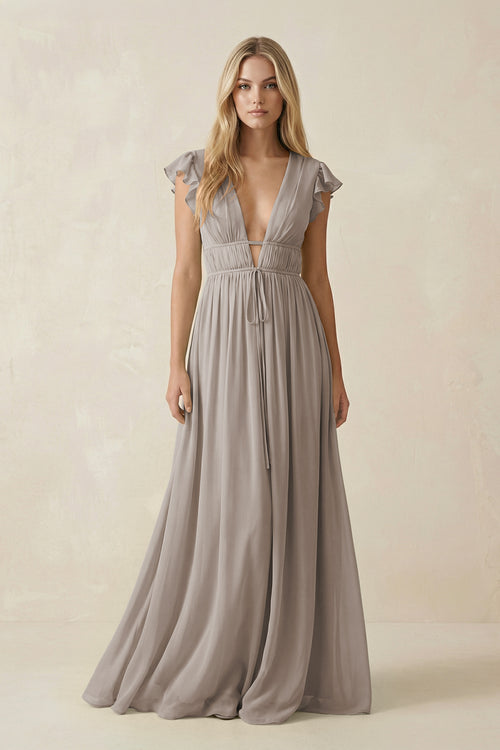 Frost V-Neck A-Line Chiffon Cap Sleeves Bridesmaid Dress | KISSBRIDAL