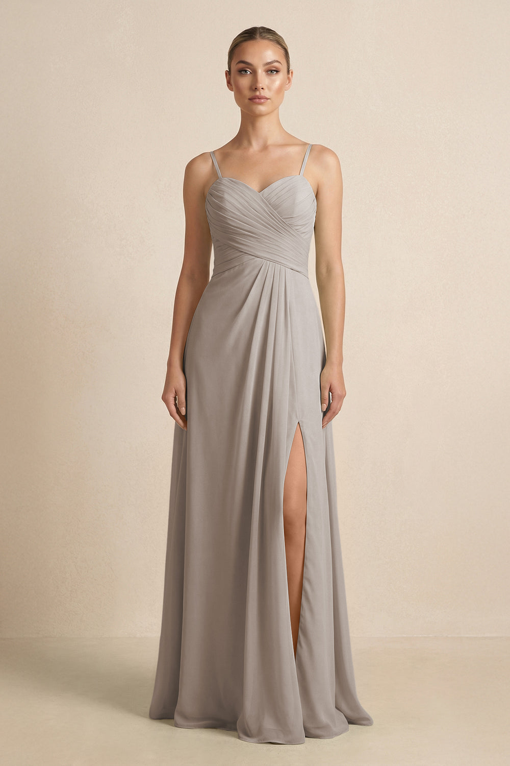V-Neck A-Line Chiffon Pleated Bridesmaid Dress in Frost