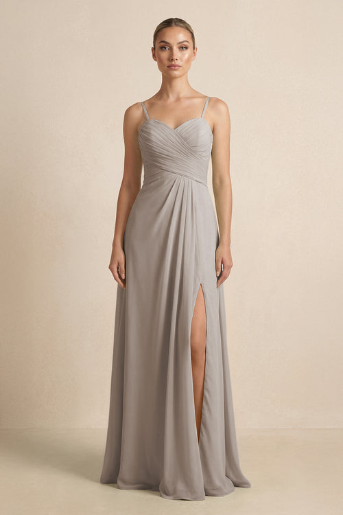 Frost V-Neck A-Line Chiffon Pleated Bridesmaid Dress | KISSBRIDAL