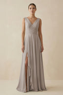 Frost V-Neck A-Line Chiffon Ruffled Bridesmaid Dress | KISSBRIDAL