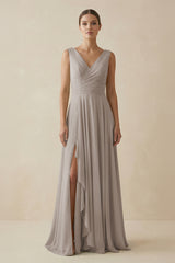 Frost V-Neck A-Line Chiffon Ruffled Bridesmaid Dress | KISSBRIDAL