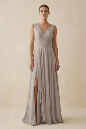 Frost V-Neck A-Line Chiffon Ruffled Bridesmaid Dress | KISSBRIDAL