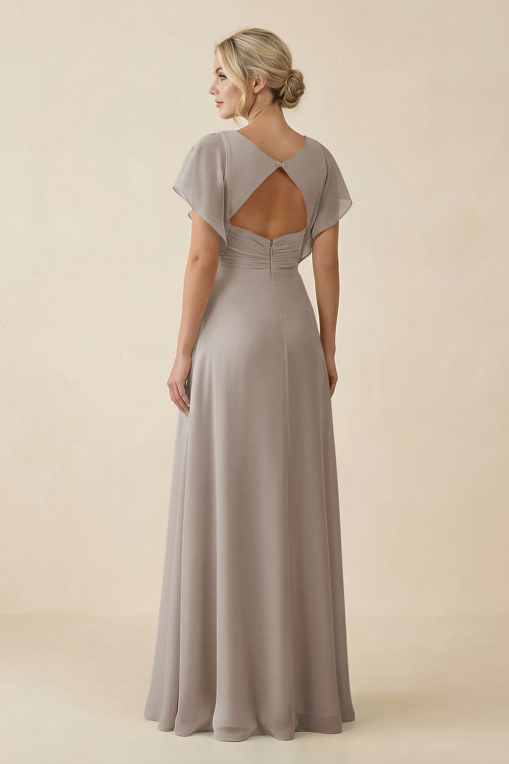 V-Neck Cap Sleeve Chiffon Bridesmaid Dress with Cut-out Back in Frost