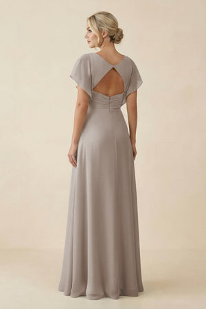 Frost V-Neck Cap Sleeve Chiffon Bridesmaid Dress with Cut-out Back (2) | KISSBRIDAL
