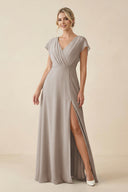 Frost V-Neck Cap Sleeve Chiffon Bridesmaid Dress with Cut-out Back | KISSBRIDAL