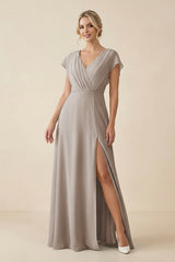 Frost V-Neck Cap Sleeve Chiffon Bridesmaid Dress with Cut-out Back | KISSBRIDAL