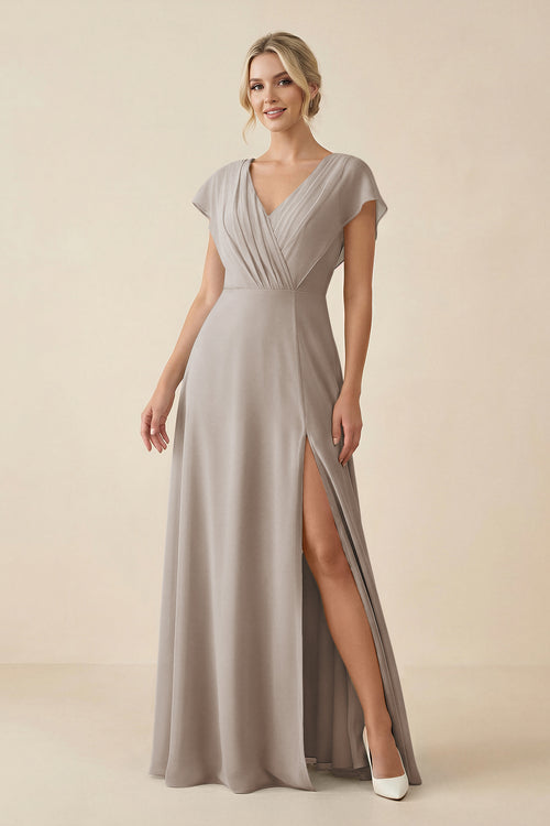 Frost V-Neck Cap Sleeve Chiffon Bridesmaid Dress with Cut-out Back | KISSBRIDAL