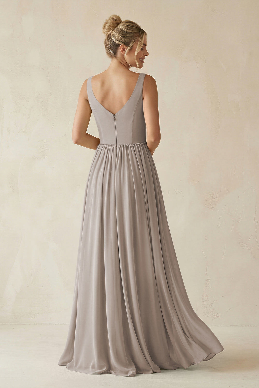 V-Neck Chiffon A-Line Long Bridesmaid Dress in Frost