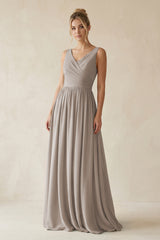 Frost V-Neck Chiffon A-Line Long Bridesmaid Dress | KISSBRIDAL