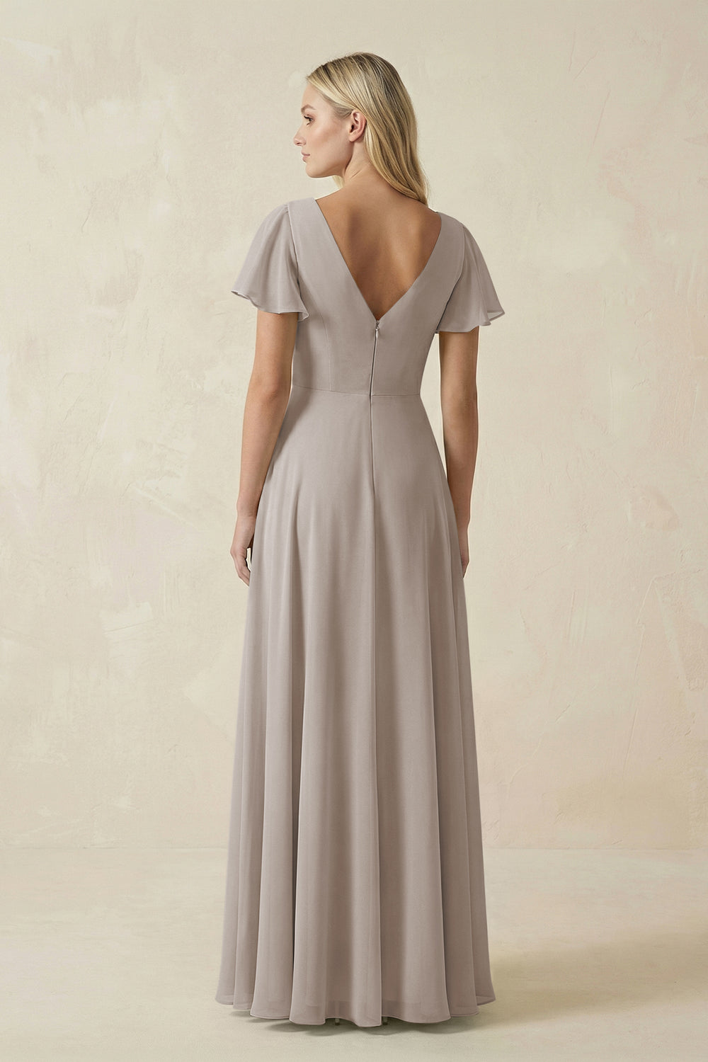 V-Neck Flutter Sleeve A-Line Chiffon Bridesmaid Dress in Frost