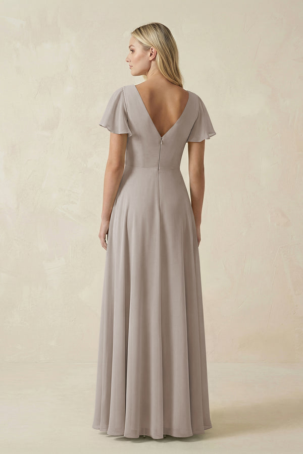 Frost V-Neck Flutter Sleeve A-Line Chiffon Bridesmaid Dress (2) | KISSBRIDAL