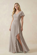 Frost V-Neck Flutter Sleeve A-Line Chiffon Bridesmaid Dress | KISSBRIDAL