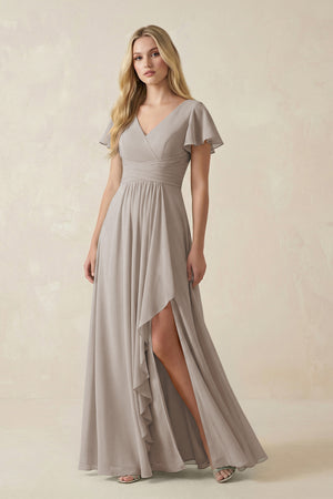 Frost V-Neck Flutter Sleeve A-Line Chiffon Bridesmaid Dress | KISSBRIDAL
