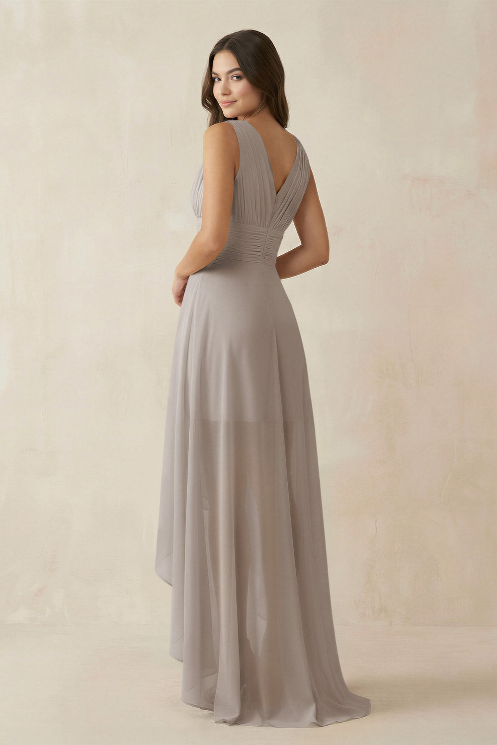 V-Neck High-Low Chiffon Bridesmaid Dress in Frost